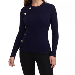 Navy Sweater with Gold Button Accents